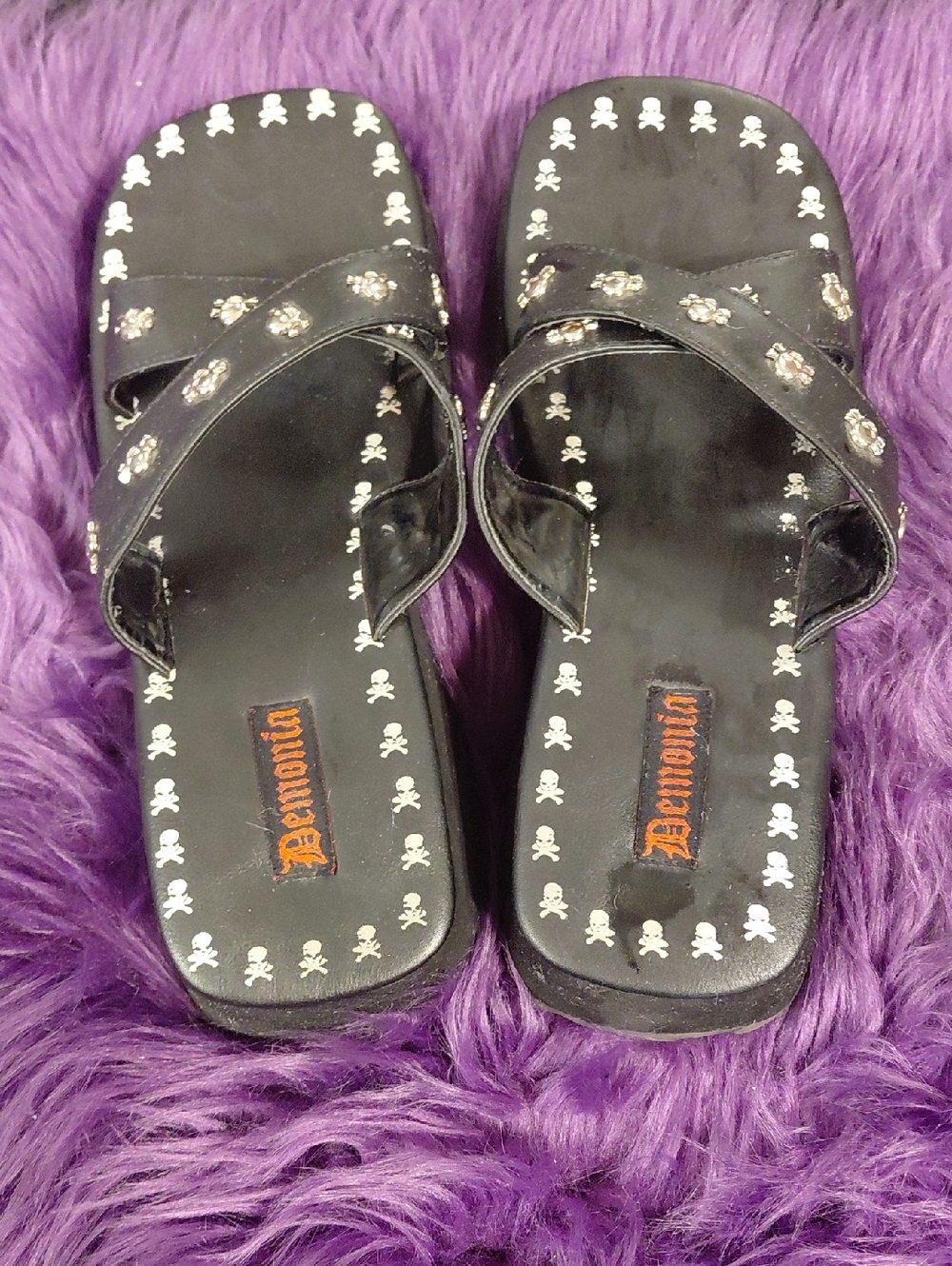 Demonia Black Slide Sandals with White Skull Pattern Size 11